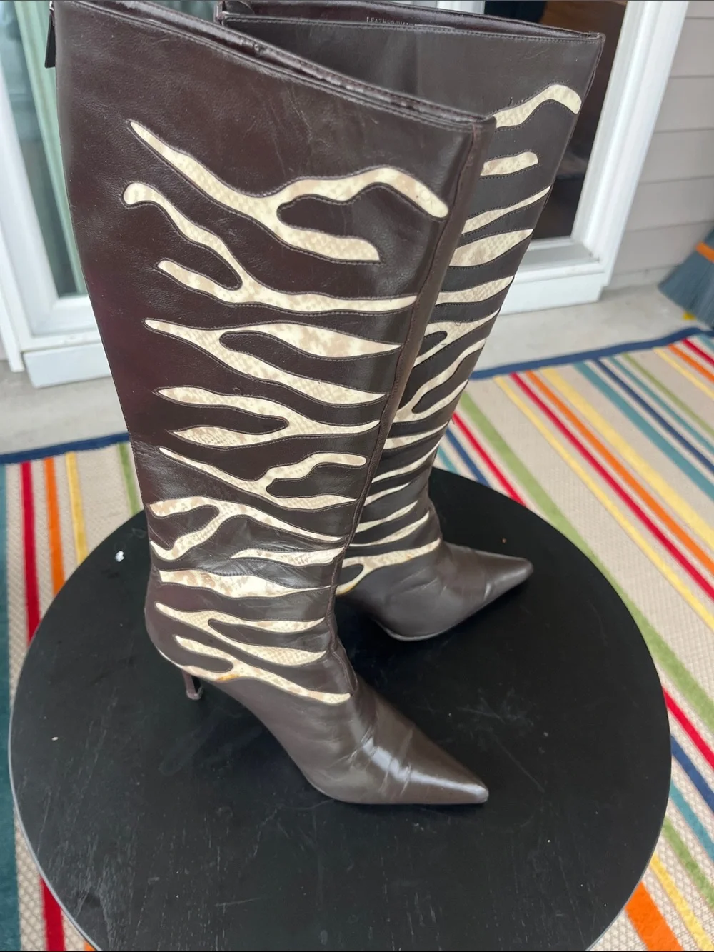 Colin Stuart Black Knee-High Pointed Toe Boots with Metallic Zebra Accent